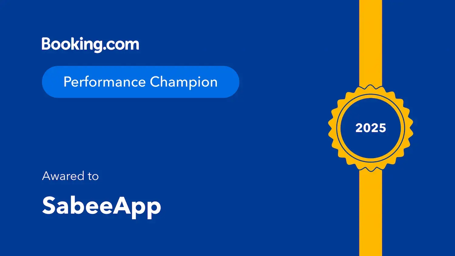 A SabeeApp által elnyert Booking.com Performance Champion: Hotels 2025 jelvény