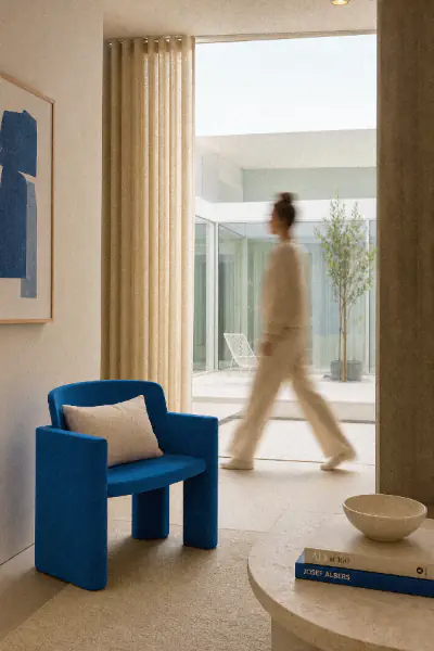 Verschwommene Person geht an einem blauen Sessel in der Lounge eines Boutique-Hotels vorbei