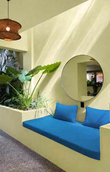 Lime-Lounge-Ecke mit Pflanzen und blauen Kissen